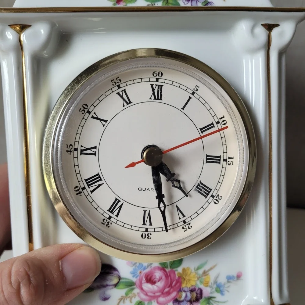 Vintage Porcelain Mantel Clock - Floral Chintz & Gold Trim - Tested & Working